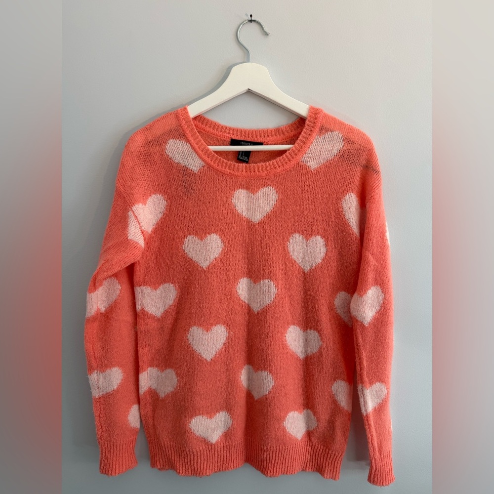 Coral and White Heart Knit Sweater